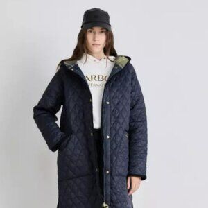 BARBOUR Harmby Hooded Longline Quilted Coat MSRP$468 Great Reviews BRITISH CHIC